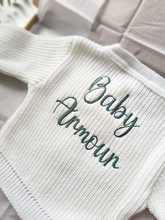 Personalised Baby Cardigan | Embroidered Name Baby Cardigan | White Knitted Newborn Cardigan | Custom Baby Name or Baby Surname | Baby Shower Gift